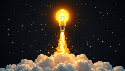 Light Bulb Rocket Taking Off into Starry Night Sky with Bright Clouds and Glowing Particles Displaying Innovation