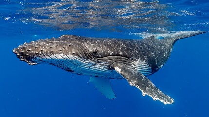 A majestic whale swims gracefully underwater, showcasing its immense size and sleek, dark body