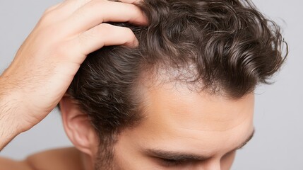 Fototapeta premium Man running hand through dark hair, examining thinning hair and scalp