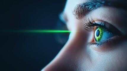 Biometric Eye Scan Side profile of a face with a laser scanning the eye, bright green laser beam, dark background, focus on security and identification