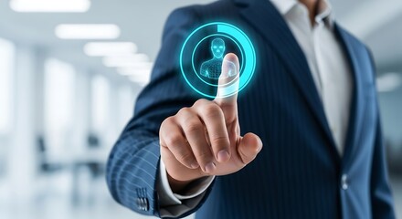 Man in blue suit touching holographic human wireframe icon hand finger