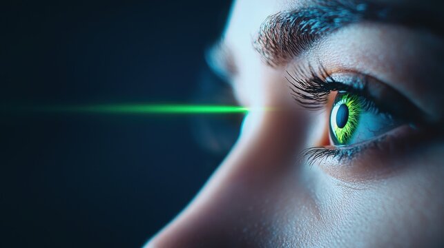 Biometric Eye Scan Side profile of a face with a laser scanning the eye, bright green laser beam, dark background, focus on security and identification