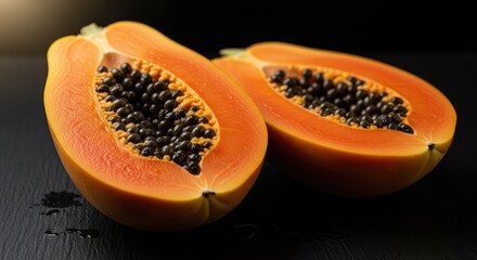 Two halves of a papaya fruit with black seeds on a dark background