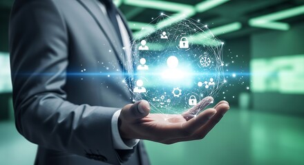 Man in suit holding glowing digital network with people icons and locks technology connection