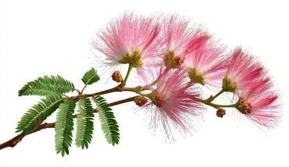 Delicate Pink Mimosa Tree Flowers With Green Fern Like Leaves Isolated On White Background