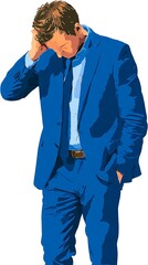 A man in a blue suit, head in hand, expressing stress or introspection on a white background