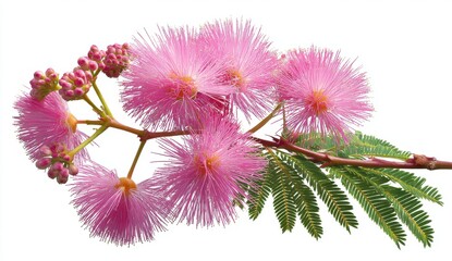 Delicate Pink Powder Puff Flowers Blossom on Branch Green Leaves White Background