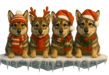 Cute Christmas Dog Breeds Collection &ndash; Holiday Puppy Set in Festive Winter Outfits,  Transparent background, Swedish Vallhund