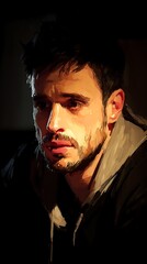 A man in a dark room. Portrait painting with focus on face and emotion
