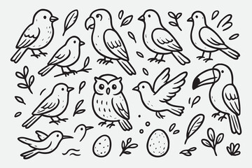 Whimsical Hand-Drawn Bird Icon Set in Playful Doodle Style © fsyah_design