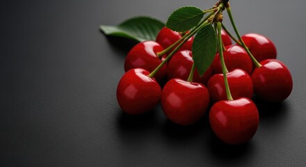 A bunch of ripe red cherries with green leaves on a dark gray surface
