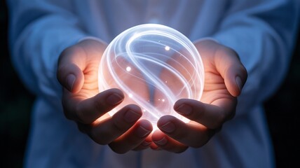 Businesswoman holding a glowing sphere in her hands. 3D rendering