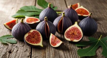 A close up of fresh figs on a rustic wooden surface with green leaves
