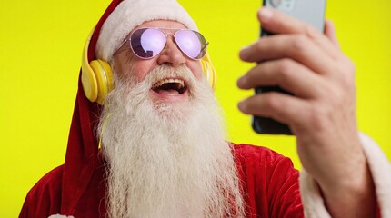 Cool Santa Claus Taking a Selfie with Yellow Headphones