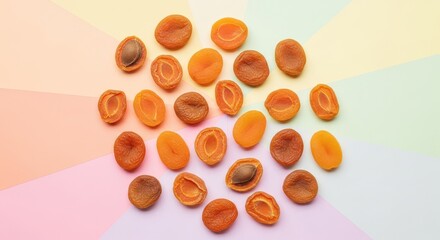 A collection of dried apricots arranged on a colorful background surface