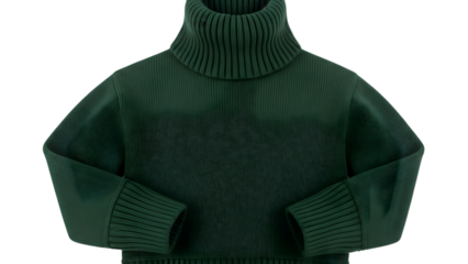 Dark green chunky knit turtleneck sweater for women, winter fashion apparel isolated on transparent background