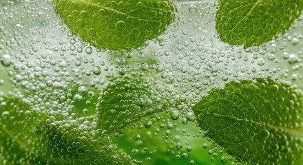 Close up of green mint leaves submerged in bubbly clear liquid drink