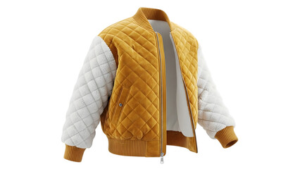 Yellow and white quilted bomber jacket with zipper closure, fashion apparel isolated on transparent background