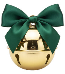 PNG. christmas bell with green ribbon. Golden jingle bell with green bow Christmas decoration on transparent background. holiday design and festive projects.