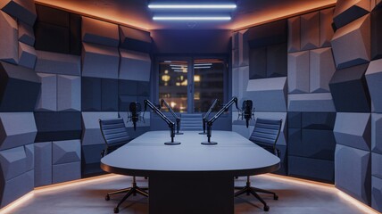 Modern soundproof recording studio with microphones and chairs