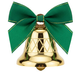 PNG. christmas bell with green ribbon. Golden jingle bell with green bow Christmas decoration on transparent background. holiday design and festive projects.