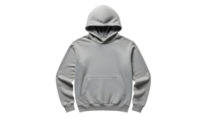 Plain grey hooded sweatshirt with kangaroo pocket, isolated on transparent background