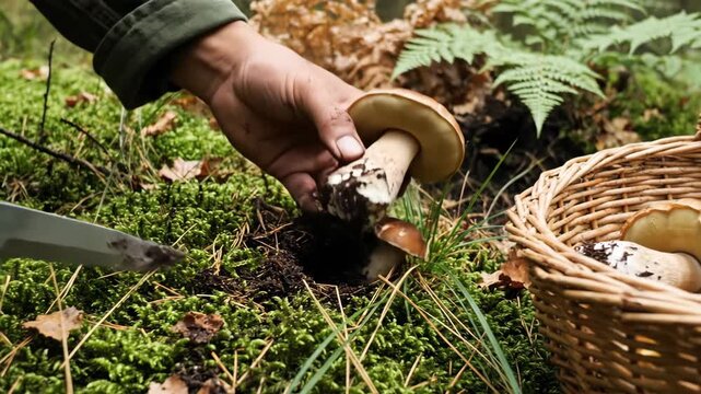 Mushroom Harvesting in the Forest - A person uses a knife to carefully cut a boletus mushroom from the base, nestled among green moss and vegetation.
