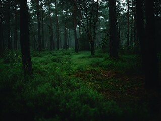 A mystical woodland scene, with tall trees and lush green undergrowth. Moody, atmospheric