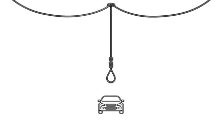 A noose hangs above a car, suggesting a dangerous situation. Car is small