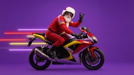 Cool Santa Claus Riding a Sport Motorcycle with Neon Trails
