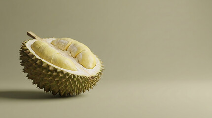 Obraz premium Half of ripe durian fruit showing yellow flesh isolated on pastel green background with copy space for text