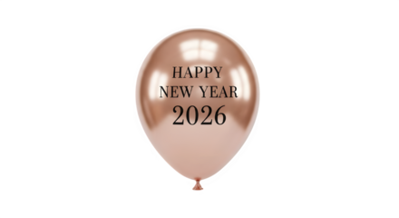 Rose gold foil balloon with happy new year 2026 text isolated on black background