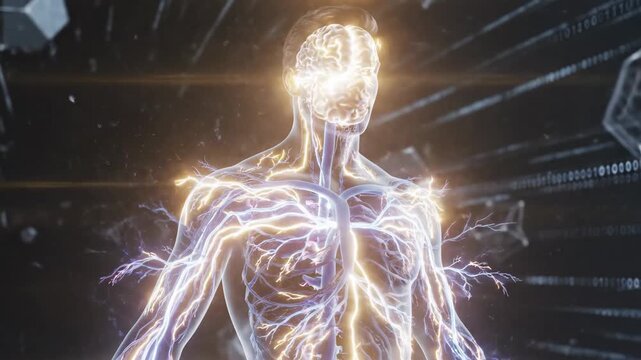 Human Body Electrical System Visualization - This video shows an anatomically correct human torso and head with the brain and vascular system illuminated and highlighted with electrical effects.
