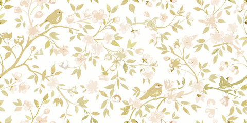 Obraz premium Delicate floral pattern with small birds amongst blossoming branches in pastel shades