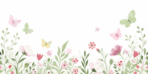 Watercolor butterflies and delicate wildflowers create a peaceful spring border design