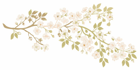 Delicate blossoming branch with white and pink flowers and green foliage