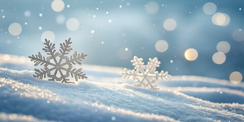 Decorative snowflakes on glistening snow with bokeh and falling flakes in dreamy winter background