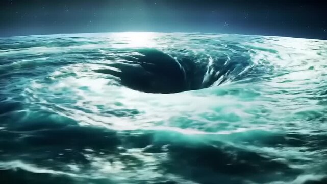 A colossal whirlpool forms in the ocean, creating a vortex of swirling water and turbulent waves