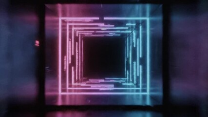 Futuristic abstract neon light tunnel background. 3D rendering of a glowing square corridor with pink and blue lines. Looped sci-fi animation.