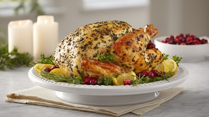 A perfectly roasted turkey, garnished with herbs, lemons, and cranberries. Candles in background
