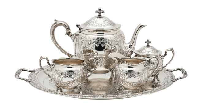 Antique silver tea set with tray transparent background cutout png