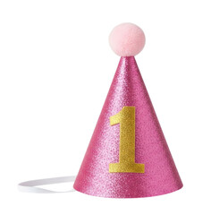 Pink glitter birthday hat with number 1 transparent background cutout png