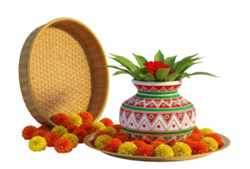 Indian traditional kalash with flowers and basket transparent background cutout png