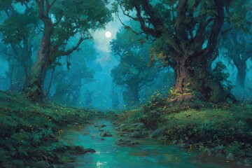 Fototapeta premium Mystical Forest Path At Night Under Moonlight