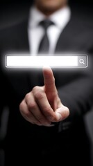 A person in a suit touches a glowing search bar, finger extended, dark background