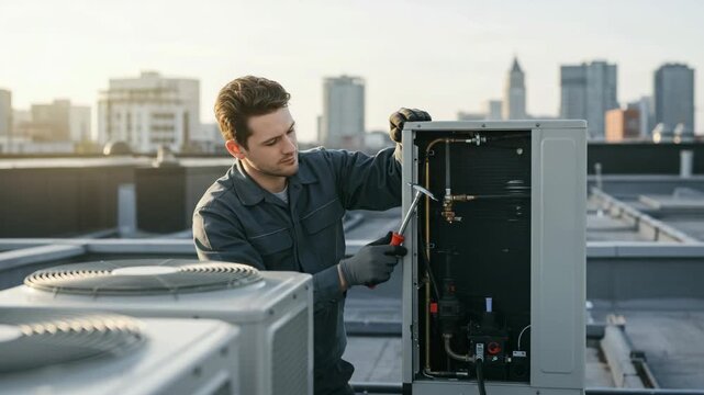 HVAC technician performing maintenance on a rooftop unit with tools.
