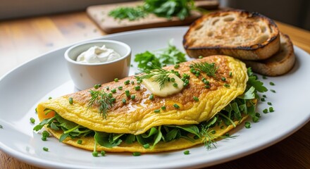 A delicious omelet with greens and toast on a white plate close up view