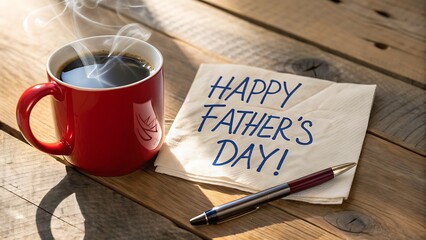 Fathers day coffee mug and note on wooden table