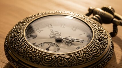 Close up antique pocket watch with detailed engravings and roman numerals indicating passing time on a wooden surface showing intricate design