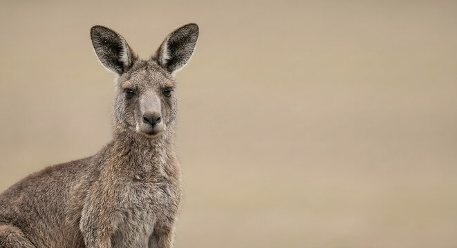 Portrait of cute wild kangaroo looking at camera on beige background with copy space for textPortrait of cute wild kangaroo looking at camera on beige background with copy space for text